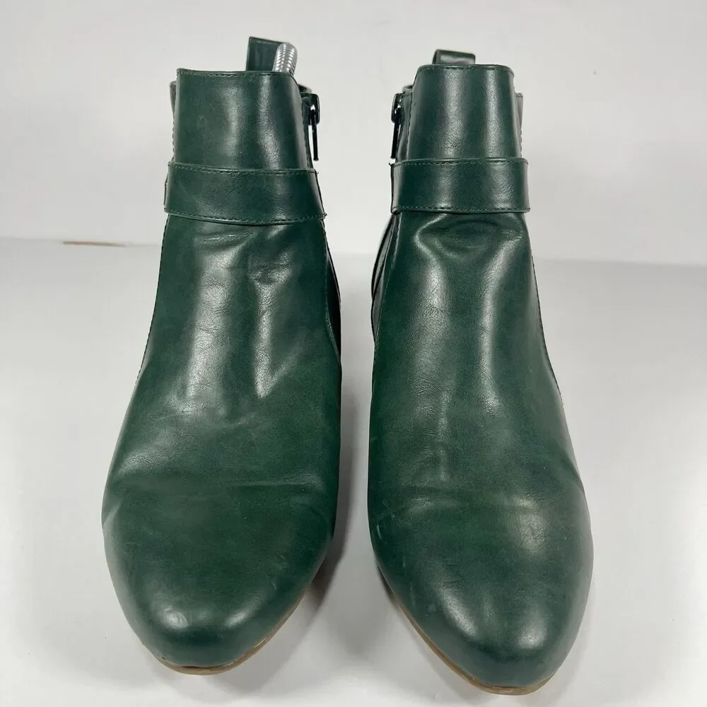 Charter Club Katiaa Green Ankle Boots Size 8.5M Gold Buckle Block Heel